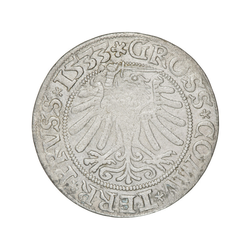 Prussian grosz of Sigismund I the Old (King of Poland; 1506–1548), 1533, Torun, Poland. Obverse: crowned male bust in profile turned to the right; in the rim between the pearl borders an inscription: .SIGIS.I.REX.PO.DO.TOCI.PRVSS. Reverse: the Eagle of Royal Prussia; in the rim between the pearl borders the inscription: .GROSS.COMV.TERR.PRVSS. Features: Polish coins, Jagiellonian dynasty, coats of arms, eagle (coat of arms), royal bust; male bust; coin.