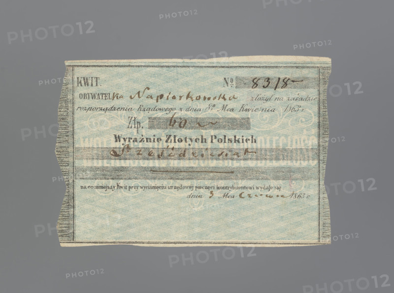 Personal receipt of the National Government, receipts, personal receipt, January Uprising (1863–1864), securities, Kingdom of Poland (1815–1918). Green printed paper with the inscription across the middle: 'FREEDOM EQUALITY INDEPENDENCE.' Inscription: 'KWIT No. 8318 citizen Napiórkowska submitted pursuant to // Government regulation of 8 April 1863, // Zloty 60 // Clearly Polish Zlotys // Sixty. // on 3 June 1863.' On the reverse, an ink seal of the National Government with a bipartite coat of arms. 1863, Poland. Security/receipt. Dimensions: 97.5 mm × 68 mm.