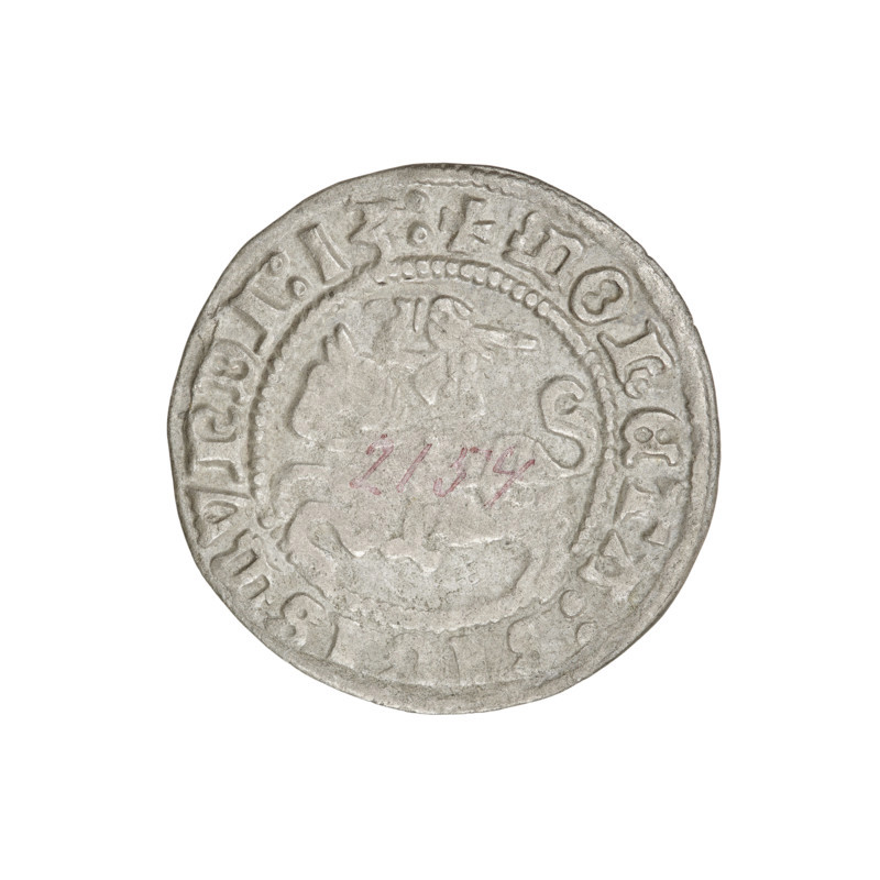 Lithuanian half-grosz, Sigismund I the Old (king of Poland; 1506–1548). R6 (rarity). Obverse: Pogon (mounted knight) turned left; in the rim between pearl borders an inscription: + COIN:SIGISMVNDI:13:. Reverse: Polish crowned Eagle; in the rim between pearly borders the inscription: + MAGNI:DVCIS:LITVANIE:. Dated 1513. Grand Duchy of Lithuania, Vilnius. Coin; diameter ~19.7–20.0 mm; weight 1.12 g.