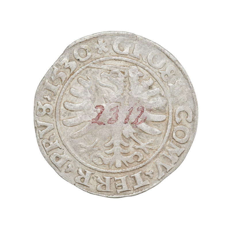 Prussian grosz, Sigismund I the Old (King of Poland; 1506–1548). Obverse: crowned male bust in profile turned to the right; in the rim between pearly borders an inscription: .SIGIS.I.REX.PO.DO.TO. Reverse: the Eagle of Royal Prussia; in the rim between pearl borders the inscription: G.OSS.COMV.TERR.PRVS.1530. Date: 1530. Place: Torun, Poland. Material: coin. Diameter: 22.3–22.7 mm. Weight: 1.77 g. Subjects/attributes: eagles, coats of arms, royal bust, male bust, Jagiellonian dynasty.