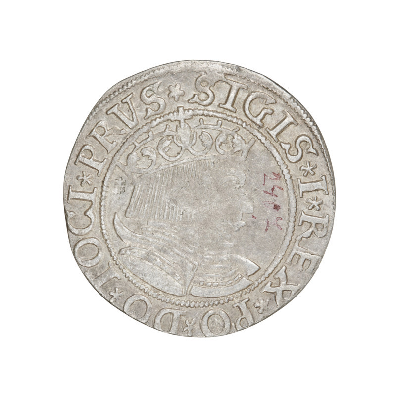 Prussian grosz, Sigismund I the Old (King of Poland; 1506–1548). Obverse: Crowned male bust in profile turned to the right; in the rim between pearly borders the inscription 'SIGIS·I·REX·PO·DO·TOCI·PRVS'. Reverse: The Eagle of Royal Prussia; in the rim between the pearly borders the inscription 'GROSS·COMV·TERR·PRVSSIE·1533'. 1533, Torun, Poland. Coin; diameter 21.7–22.0 mm; weight 1.86 g.