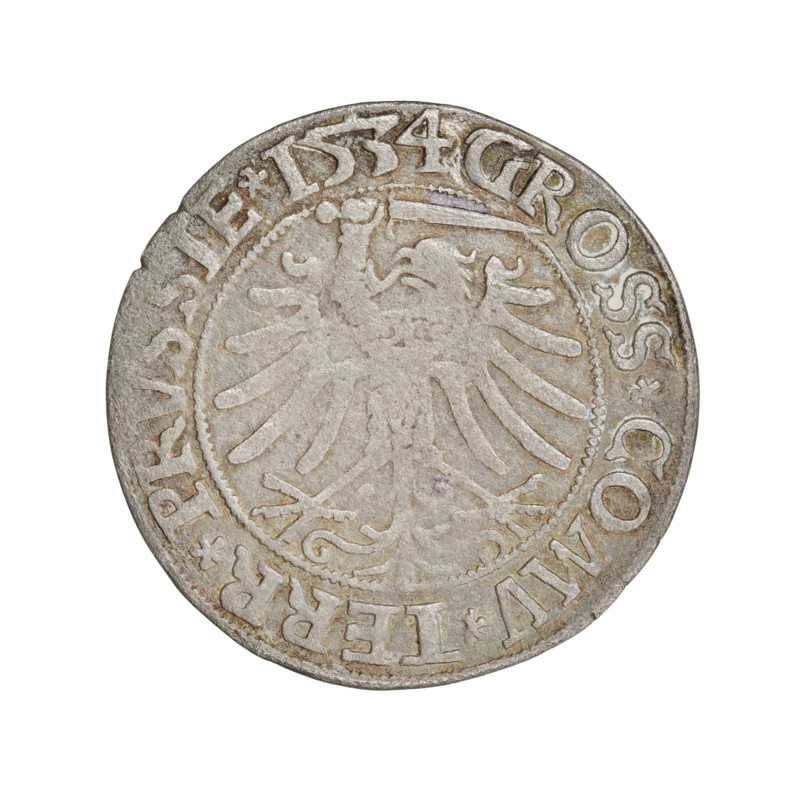 Prussian grosz of Sigismund I the Old (King of Poland; 1506–1548). Obverse: Crowned male bust in profile turned to the right; in the rim between pearly borders an inscription: .SIGIS.I.REX.PO.DO.TOCI.PRVS. Reverse: The Eagle of Royal Prussia; in the rim between pearl borders the inscription: .GROSS.COMV.TERR.PRVSSIE.1534. Dated 1534, Torun, Poland. Coin; diameter 23.1–23.3 mm, weight 1.77 g.