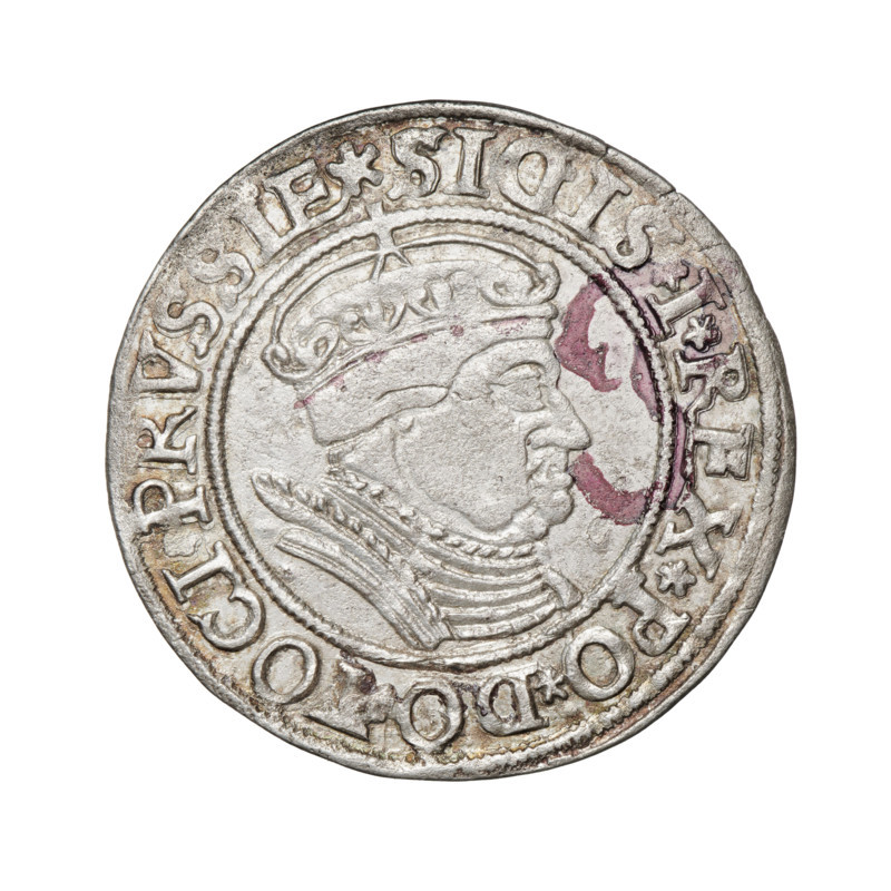 Prussian grosz, Sigismund I the Old (King of Poland; 1506–1548). Obverse: Crowned male bust in profile turned to the right; in the rim between the pearl borders an inscription: .SIGIS.I.REX.PO.DO.TOCI.PRVSSIE. Reverse: The Eagle of Royal Prussia; in the rim between the pearl borders the inscription: .GROSS.COMV.TERR.PRVSSIE. Date: 1534. Place: Torun, Poland. Coin. Diameter: 23.8–24.0 mm. Weight: 1.97 g. Subjects: eagles, Jagiellonians (dynasty), coats of arms, Eagle (coat of arms), male/royal bust; iconography of Sigismund I the Old (1467–1548).