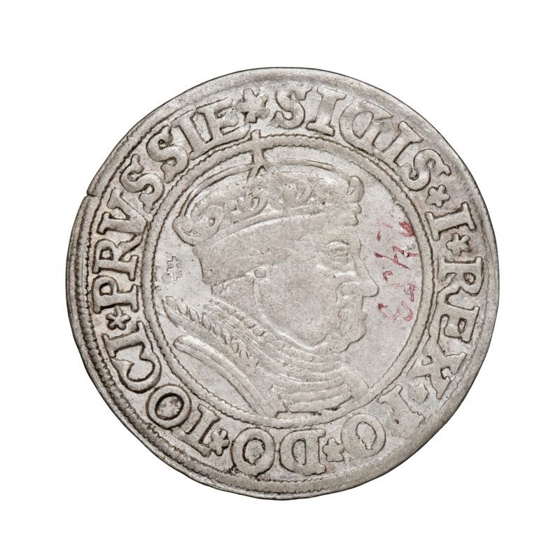Prussian grosz, Sigismund I the Old (King of Poland; 1506–1548). Obverse: Crowned male bust in profile turned to the right; in the rim between the pearl borders inscription: .SIGIS.I.REX.PO.DO.TOCI.PRVSSIE. Reverse: The Eagle of Royal Prussia; in the rim between the pearl borders inscription: .GROSS.COMV.TERR.PRVSSIE. Date: 1534, Torun, Poland. Coin; diameter 23.8–24.0 mm, weight 1.92 g. Subjects: eagles, coats of arms, male/royal bust; dynasty: Jagiellonians; iconography: Sigismund I the Old.