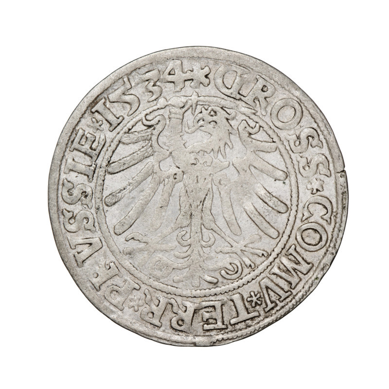 Prussian grosz, Sigismund I the Old (King of Poland; 1506–1548). Obverse: Crowned male bust in profile turned to the right; in the rim between the pearl borders an inscription: .SIGIS.I.REX.PO.DO.TOCI.PRVSSIE. Reverse: The Eagle of Royal Prussia; in the rim between the pearl borders the inscription: .GROSS.COMV.TERR.PRVSSIE. Dated 1534, Torun, Poland. Coin; diameter 23.8–24.0 mm, weight 1.92 g.