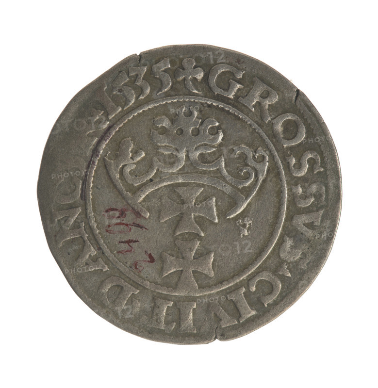 Gdansk grosz, Sigismund I the Old (King of Poland; 1506–1548). Polish coin, 1535. Obverse: Crowned male bust in profile turned to the right; in rim between pearl borders inscription: .SIG. .I.REX.POLO.DO.TO.PRVS. Reverse: Coat of arms of Gdansk; in rim between pearly borders inscription: .GROSSVS.CIVIT.DANC. .1535. Jagiellonian period; royal/male bust iconography, city coat of arms. Diameter 22.7–23.0 mm; weight 2 g.