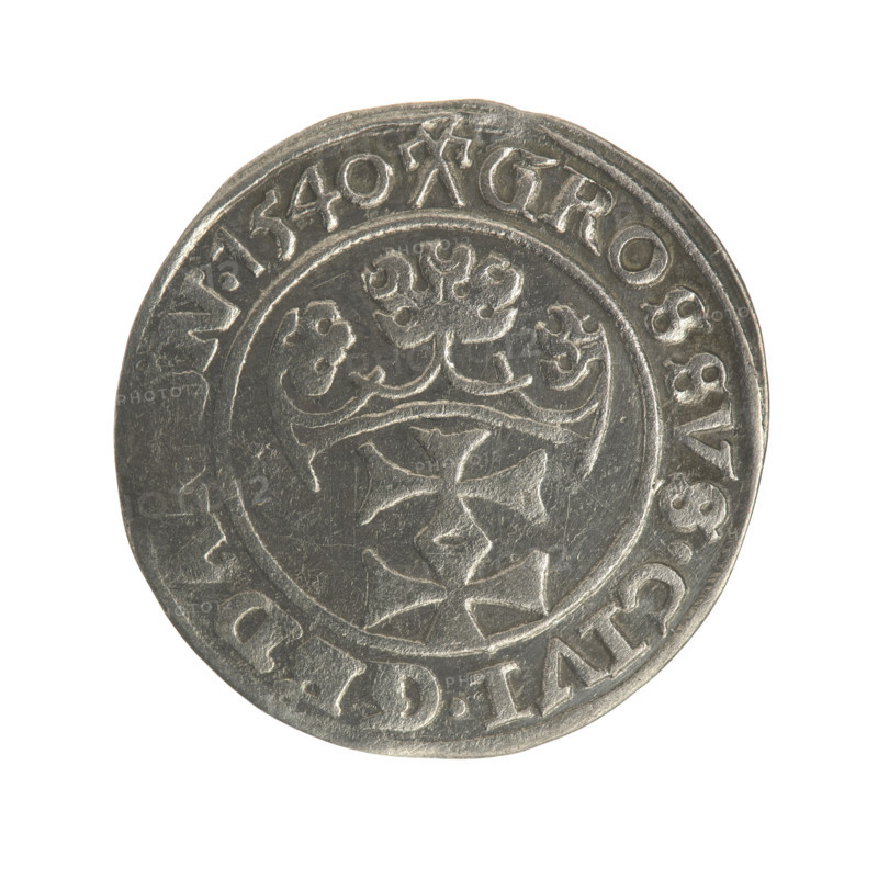 Gdansk grosz, Sigismund I the Old (King of Poland; 1506–1548). Obverse: Crowned male bust in profile turned to the right; rim between pearly borders inscription 'SIGIS.I.REX.POLO.DO., .PRV'. Reverse: Coat of arms of Gdansk; rim between pearly borders inscription 'GROSSVS.CIVI.G', 'N.1540', dated 1540. Polish coin, Jagiellonian dynasty; royal/male bust iconography. Diameter 21.8–22.5 mm; weight 1.99 g.
