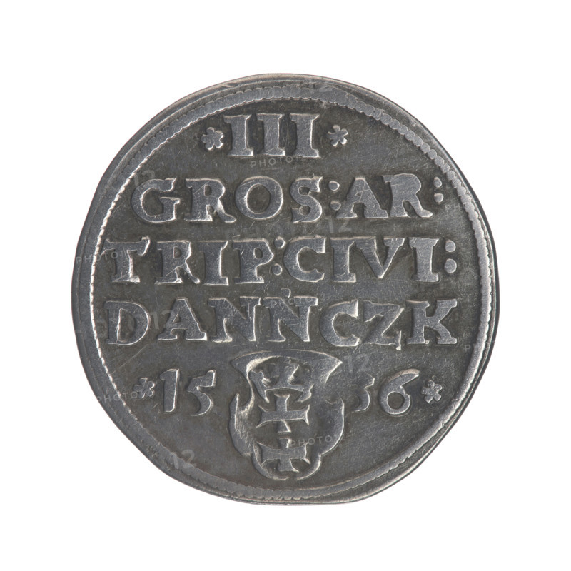 Gdansk trojak, Sigismund I the Old (King of Poland; 1506–1548). Obverse: Crowned male bust in profile turned to the right, inscription around the rim: .SIGIS.I.REX.POLO.DO.TO.PRVSS. Reverse: Inscription around the rim in five lines, date separated by a shield with the coat of arms of Gdansk: .III./.GROS:AR:/TRIP:CIVI:/DANNCZK/.15 - 36. 1536. Polish coin (Gdansk), Jagiellonian dynasty; royal bust; city coat of arms (Gdansk). Diameter 21.0–21.3 mm; weight 2.84 g.