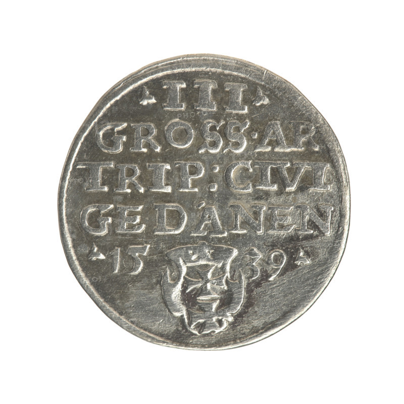 Gdansk trojak, Sigismund I the Old (King of Poland; 1506–1548). Obv.: Crowned male bust in profile turned to the right, inscription around the rim: .SIG, SIREX.POLO.DO.TO.PRVSS. Rev.: Inscription around the rim in five lines, date separated by a shield with the coat of arms of Gdansk: .III./GROSS.AR./TRIP:CIVI/GEDANEN/.15 - 39., 1539. Gdansk, Poland. Coin; diameter 21.2–21.5 mm; weight 2.57 g. Subjects: Polish coins; Jagiellons (dynasty); city coats of arms; Gdansk (coat of arms); male busts; royal bust; Sigismund I the Old — iconography.