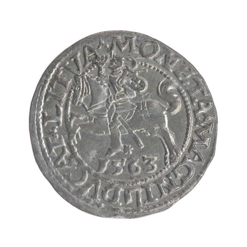 Lithuanian half-grosz, Sigismund II Augustus (King of Poland; 1544–1572). Obverse: Polish Eagle; in the rim between pearl borders inscription: .SIGIS.AVG.DGREX.POLO.MDL. Reverse: Lithuanian Pursuit, below year 1563; in the rim between pearl borders an inscription divided by the Topór coat of arms: .MONETA.MAGNI - DVCAT.LITVA. Date: 1563. Grand Duchy of Lithuania, Vilnius, Poland. Coin; diameter 19.4–20.0 mm; weight 1.24 g. Features coats of arms (Jagiellons dynasty, Eagle, Pursuit/Topór). Maker: Tarlo, Gabriel (ca. 1486–1565).