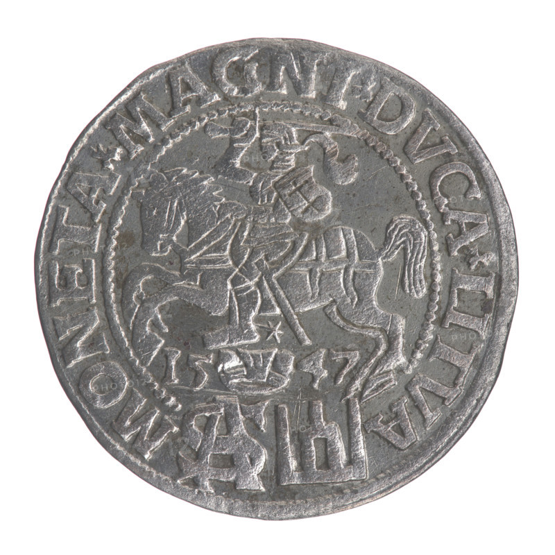 Lithuanian grosz on a Polish foot, Sigismund II Augustus (King of Poland; 1544–1572). Obverse: Crowned male bust in armor turned right, separating the inscription SIGIS - AVG.REX in half-rim; at bottom horizontally in two lines: .POLO.MAG./.DVX.L. Reverse: Lithuanian Chase turned left; below, under the crown dividing the date 15 - 47, a tied monogram composed of the letters SA and the coat of arms Giedymina's Columns that divide the rim inscription MONETA.MAGNI.DVCA.LITVA. 1547. Grand Duchy of Lithuania (Vilnius), Poland. Coin; diameter ~22.3–22.5 mm; weight 1.86 g. Subjects/attributes: Jagiellon dynasty; emblems; Pogon (coat of arms; Lithuania); monograms; tied monogram (type); monogram SA; royal/male bust iconography; Sigismund II Augustus iconography.