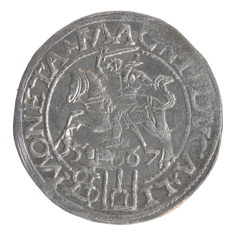Lithuanian grosz on a Polish foot, Sigismund II Augustus (King of Poland; 1544–1572), Polish coins, Jagiellonians (dynasty), coats of arms, Pogon (coat of arms; Lithuania), male busts, royal bust, Sigismund II Augustus (King of Poland; 1520–1572) - iconography, monograms, tied monograms, SA monogram, Columns of Giedymina (coat of arms of Lithuania). Obv.: Crowned male bust in armour turned right, separating the inscription in a half-circle at the top: SIGIS -, G.REX at the bottom horizontally in two lines: .POLO.MAG./.DVX.LI. Rev.: Lithuanian Chaser turned left, below under the crown dividing the date 15 - 67 a tied monogram composed of the letters SA and the coat of arms Columns that divide the inscription in the rim: MONETA.MA, CA.LI -, 1567. Poland, Vilnius, Grand Duchy of Lithuania. Coin; dia. 22.8–23.2 mm; weight 2.15 g.