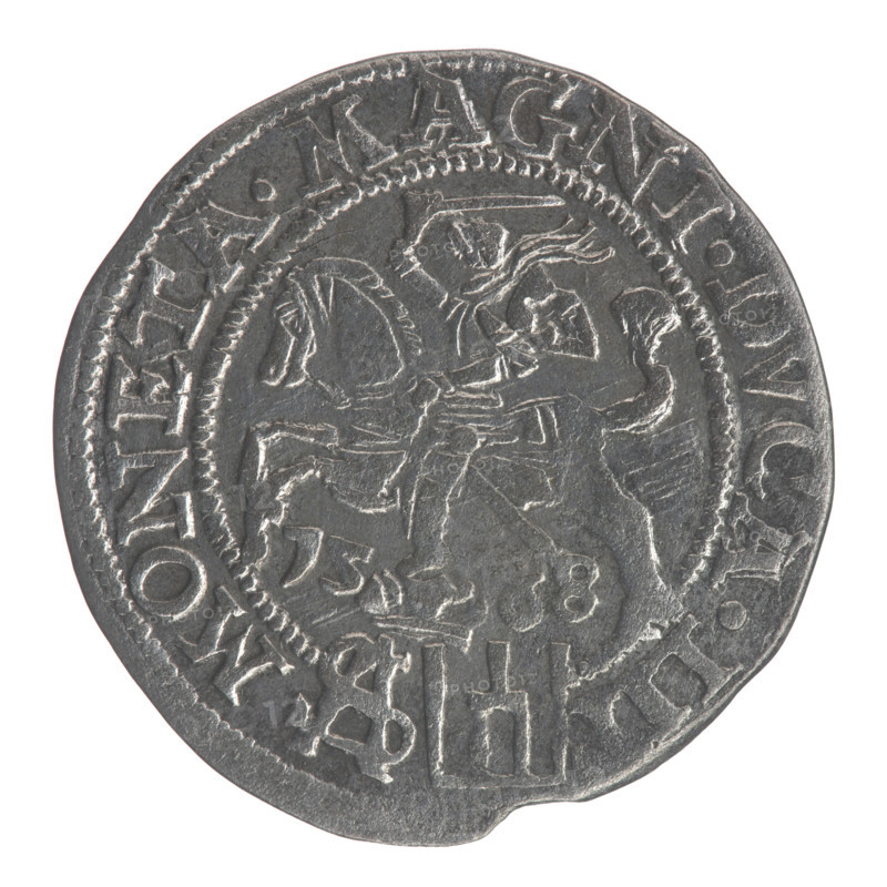 Lithuanian grosz on a Polish foot, Sigismund II Augustus (King of Poland; 1544–1572). Obverse: Crowned male bust in armour turned right, separating the inscription in a half-circle at the top: SIGIS. - .AVG.REX; at the bottom horizontally in two lines: .POLO., AG./.DVX.L. Reverse: Lithuanian Chase turned left; below under the crown dividing the date 15 - 68 a tied monogram composed of the letters SA and the coat of arms Columns that divide the inscription in the rim: MONETA.MAGNI.DVCA.LIT. 1568. Polish, Vilnius, Grand Duchy of Lithuania. Coin; diameter ~22.5–23.3 mm; weight 1.81 g.
