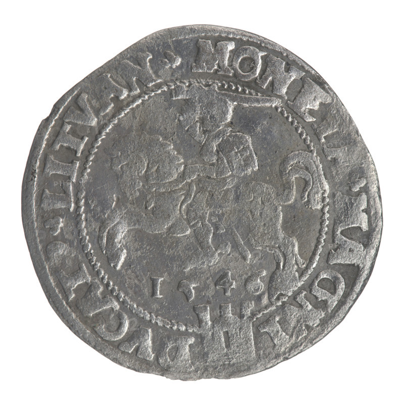 Lithuanian grosz on a Lithuanian foot, Sigismund II Augustus (king of Poland; 1544–1572). Coats of arms, Jagiellonians (dynasty), royal bust; Polish coin, 1546. Obverse: crowned male bust in armor in profile turned to the right, rim inscription divided at the top by a crown cross: .SIGIS.AVG.R .POL.MAG.DVX.LIT. Reverse: Lithuanian Pogon (Pursuit) turned to the left, below the date 1546 and the Columns of Gediminas coat of arms dividing the rim inscription: .MONETA.MAGNI - DVCAT9.LITVAN. Diameter 24.0–24.6 mm; weight 2.24 g.