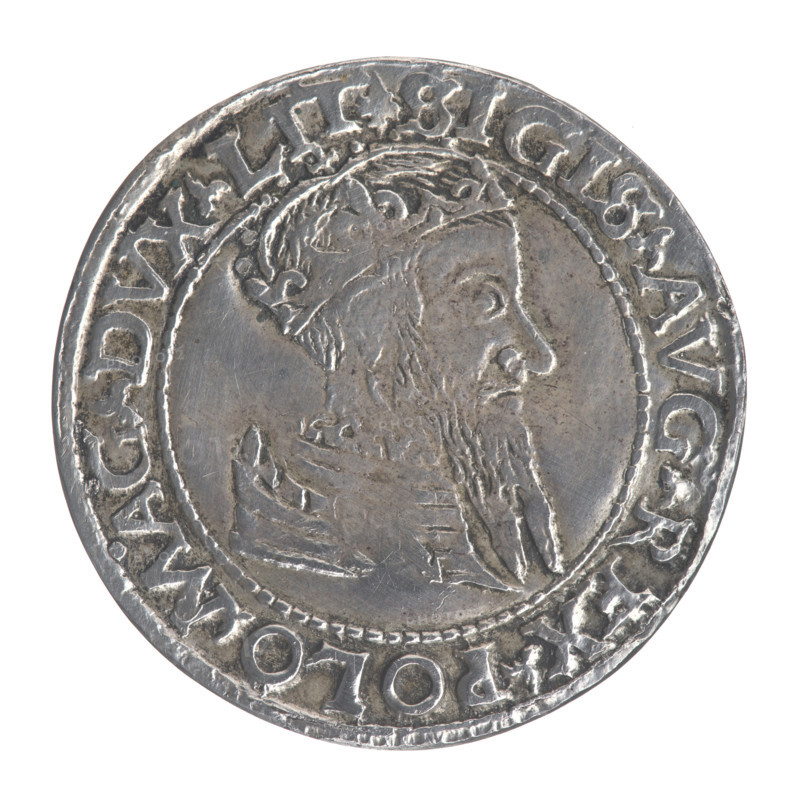 Lithuanian grosz on the Lithuanian foot, Sigismund II Augustus (King of Poland; 1544–1572), coats of arms, Jagiellonians (dynasty), royal bust, Polish coins, Sigismund II Augustus (King of Poland; 1520–1572) - iconography, Pogon (coat of arms; Lithuania), male busts, copies. Obverse: Crowned male bust in armor in profile, turned right; inscription around the rim: .SIGIS.AVG.REX.POLO.MAG.DVX.LIT. Reverse: Lithuanian Pogon turned left, below the date 15.66 and the Jastrzebiec coat of arms dividing the inscription around the rim: .MONETA.MAGNI-DVCAT9.LITVA. After 1566, Tykocin, Poland, Grand Duchy of Lithuania. Coin, copy. Diameter 23.8 mm; diameter 24.0 mm; weight 3.64 g.