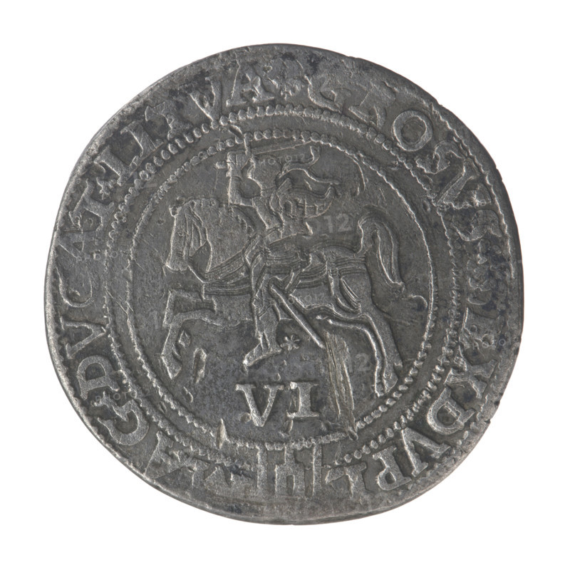 Lithuanian sixer, Sigismund II Augustus (king of Poland; 1544–1572). Coats of arms; Jagiellonians (dynasty); royal bust; Polish coins; Pogon (coat of arms; Lithuania); Sigismund II Augustus (king of Poland; 1520–1572) — iconography; male busts; Giedyminus Columns (coat of arms). Obverse: a crowned male bust in armor facing right, dividing the year 1 - 6Z, with inscription around the rim: .SIGIS.AVGVSTVS.REX, LO.MAG.DVX.LI. Reverse: Lithuanian Pursuit facing left, below the value number VI and the Column coat of arms dividing the inscription around the rim: .GROSVS.SEXDVPL -, AG.DV, AT.LITVA, 1562. Grand Duchy of Lithuania, Vilnius, Poland. Coin; diameter 30.4 mm and 31.2 mm; weight 14.14 g.