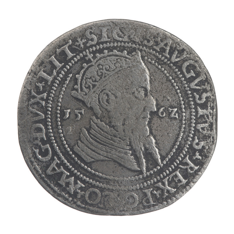 Lithuanian sixer, Sigismund II Augustus (king of Poland; 1544–1572). Coats of arms, Jagiellonians (dynasty). Royal bust, Polish coin. Pogon (coat of arms; Lithuania). Sigismund II Augustus (king of Poland; 1520–1572) — iconography. Male busts. Giedyminus Columns (coat of arms). Obverse: Crowned male bust in armor facing right, dividing year 15 - 6Z, inscription around the rim: .SI. .AVGVSTVS.REX.PO. O.MAG.DVX.LIT. Reverse: Lithuanian Pursuit facing left, below the value number VI and the Column coat of arms dividing the inscription around the rim: .GROSSV. EXDVPL - MAG.DVCAT.LITV. Date: 1562. Grand Duchy of Lithuania, Vilnius, Poland. Coin; diameter 30.4–31.4 mm; weight 13.87 g.