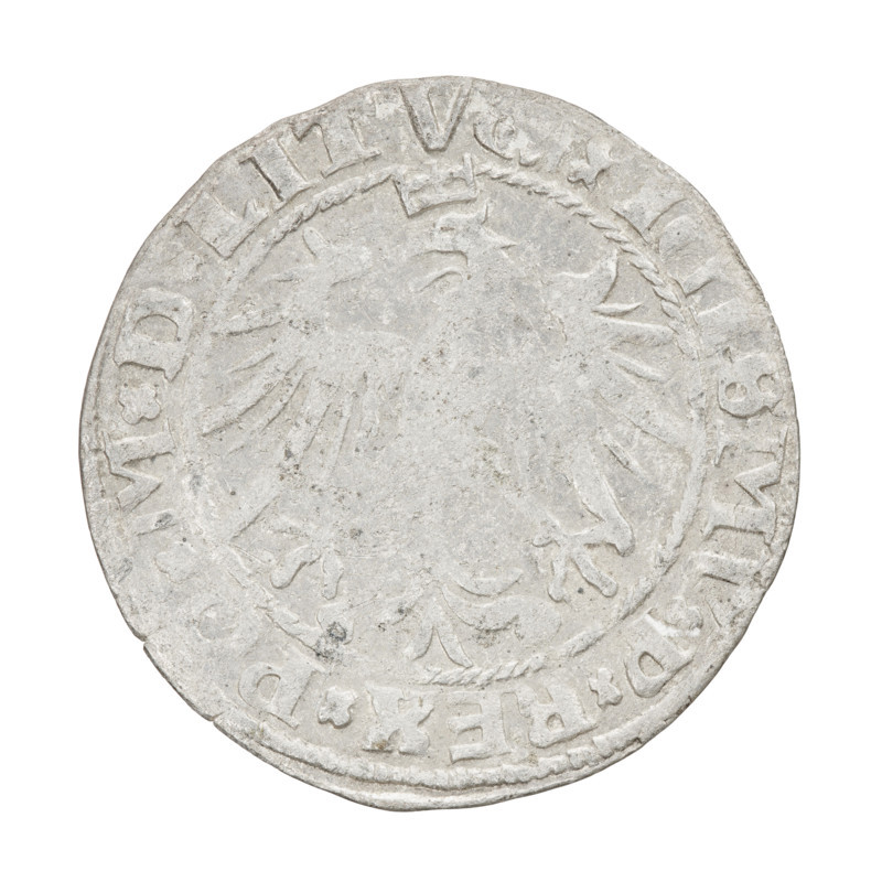 Lithuanian grosz, Sigismund I the Old (King of Poland; 1506–1548). Obverse: Polish crowned eagle; rim between pearl-shaped borders with inscription 'ISMVxPxREXxP, MxD, LITV'. Reverse: Pogon (Lithuanian knight) turned left; below the year 1536; rim between pearl-shaped borders with inscription divided at the bottom by the Column coat of arms: 'MONETA.MAG - DVCA.LITVA'. Dated 1536. Grand Duchy of Lithuania (Vilnius). Coin; diameter 25.6–26.3 mm; weight 2.32 g.