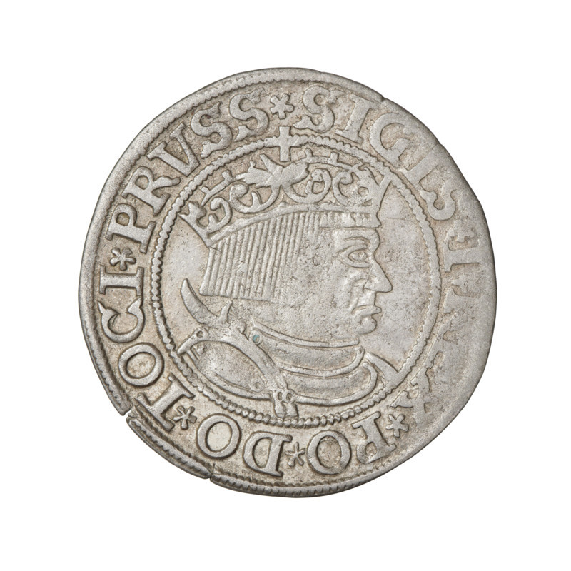 Prussian grosz (1533) of Sigismund I the Old (King of Poland, 1506–1548). Obverse: crowned male bust in profile turned right, inscription in rim between beaded borders: .SIGIS.I., X.PO.DO.TOCI.PRVSS Rw. Reverse: Eagle of Royal Prussia, inscription in rim between beaded borders: .GROSS., MV.TERR.PRVSSIE.1533. Coin from Torun, Poland; diameter ~22.5–23.0 mm; weight 2.03 g.