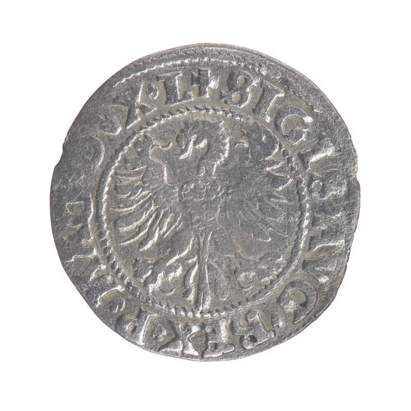 Lithuanian half-grosz, Sigismund II Augustus (King of Poland; 1544–1572). Obverse: Polish Eagle; in the rim between pearly borders the inscription '.SIGIS.AVG.REX.P.MAG.' Reverse: Lithuanian Pogon, below the year '1546'; in the rim between pearly borders the inscription '.MON.A.MAGNI.DVCAT9.LIT.' Date: 1546. Materials/style: coin; Grand Duchy of Lithuania. Diameter: about 19.5–20.0 mm. Weight: 1.15 g. Subjects: coats of arms, Jagiellon dynasty, eagles, Pogon (coat of arms).