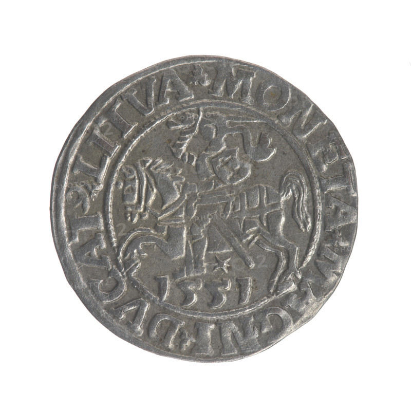 Lithuanian half-grosz, Sigismund II Augustus (King of Poland; 1544–1572). Obverse: Polish Eagle; in the rim between pearly borders the inscription 'SIGIS.AVG.REX.PO.MAG.DVX.LI'. Reverse: Lithuanian Pogon; below the year 1551; in the rim between pearly borders the inscription 'MONETA.MAGNI.DVCAT9.LITVA'. 1551. Jagiellon dynasty; Grand Duchy of Lithuania, Poland; coin. Diameter 19.3–19.5 mm; weight 1.21 g.