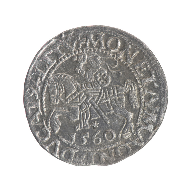 Lithuanian half-grosz, Sigismund II Augustus (King of Poland; 1544–1572). Obverse: Polish Eagle; in the rim between pearly borders the inscription 'SIGI.AVG.REX.P.AG.DVX.L'. Reverse: Lithuanian Pogon; below the year '1560', in the rim between pearly borders the inscription 'MONETA.MAGNI.DVCAT9.LITV'. 1560. Grand Duchy of Lithuania (Vilnius). Coin; diameter 19.3–19.8 mm; weight 1.2 g.