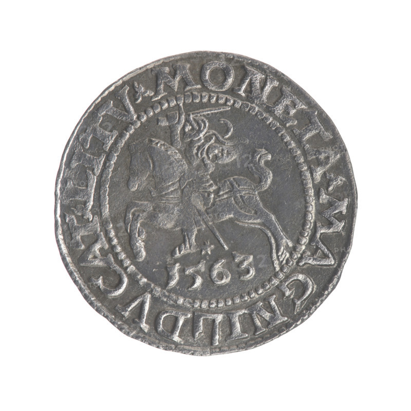 Lithuanian half-grosz, Sigismund II Augustus (King of Poland; 1544–1572). Obverse: Polish Eagle; in the rim between pearly borders an inscription: .SIGIS.AVG.REX.PO.MAG.DVX.L. Reverse: Lithuanian Pursuer, below the year 1563; in the rim between pearly borders an inscription divided by the Axe coat of arms: .MONETA.MAGNI - DVCAT., TV. Dated 1563. Grand Duchy of Lithuania (Vilnius), Poland. Coin; diameter 19.0–19.2 mm; weight 1.15 g. Features coats of arms (Jagiellons, eagles, Pursuer). Maker: Tarlo, Gabriel (ca. 1486–1565).