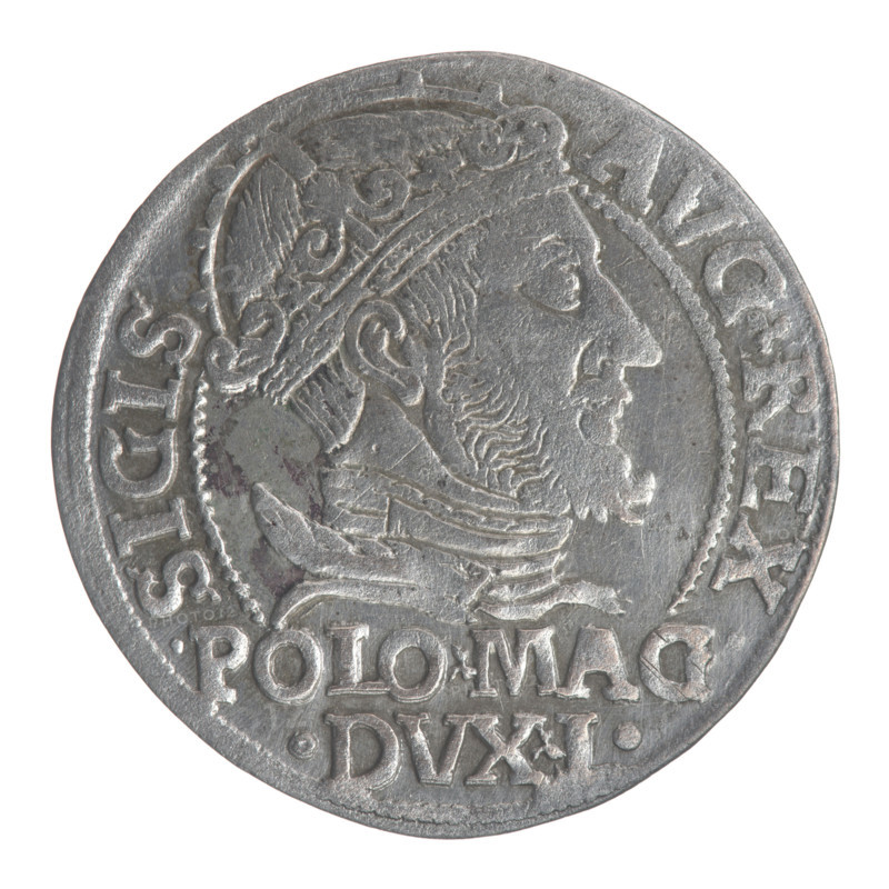 Lithuanian grosz on a Polish foot, Sigismund II Augustus (King of Poland; 1544–1572), Jagiellon dynasty; emblems, royal bust; Pogon (coat of arms; Lithuania); Sigismund II Augustus — iconography; male busts; monograms; Columns of Gediminas (coat of arms of Lithuania); tied monogram (type), monogram SA. Obv.: Crowned male bust in armor turned right, inscription in a half-circle: SIGIS-AVG.REX; at bottom in two lines: .POLO.MAG/.DVX.L. Rev.: Lithuanian Pogon turned left, below a crown dividing the date 15-47, a monogram of the letters SA and the Columns coat of arms, which divide the rim inscription: MONETA.MAGNI.DVCA.LITVA. Date: 1547. Grand Duchy of Lithuania, Vilnius. Coin, diameter 22.4–22.8 mm, weight 1.94 g.