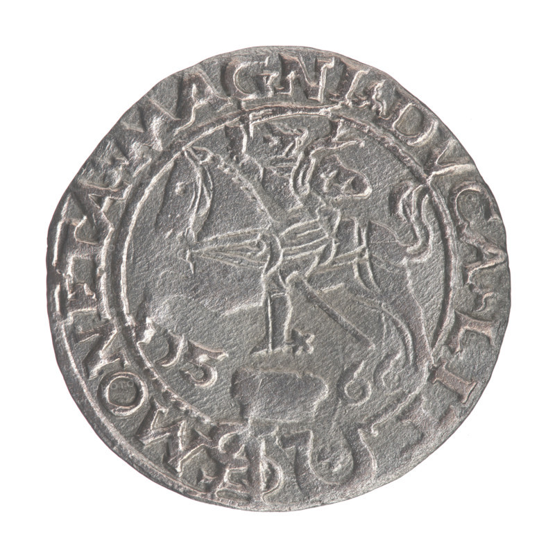 Lithuanian grosz on a Polish foot, Sigismund II Augustus (King of Poland; 1544–1572). Obverse: Crowned male bust in armour turned right, separating the inscription in a half-circle at the top: SIGIS - AVG.REX; at the bottom horizontally in two lines: .POLO, MAG./.DVX.L. Reverse: Lithuanian Chase (Pogon) turned left; below, under the crown, dividing the date 15 - 66, a tied monogram composed of the letters SA and the Jastrzebiec coat of arms, which divide the rim inscription: MONETA.MAGNI.DVCA.LIT. Dated 1566, Tykocin, Grand Duchy of Lithuania. Coin; dia. ~21.4–21.8 mm; weight 1.69 g. Maker: Myszkowski, Stanislaw (?-1570). Subjects/styles: Polish coins; Jagiellon dynasty; coats of arms; royal/male busts; monograms (tied SA); Columns of Gediminas.