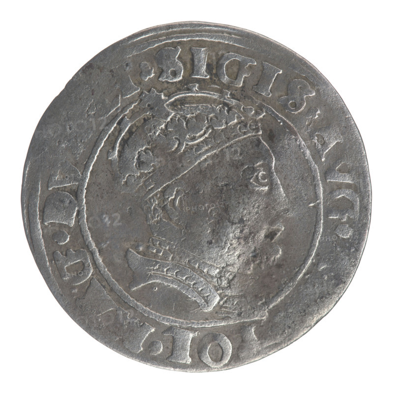 Lithuanian grosz (1546) — obverse: crowned male bust in armour, profile to right, rim inscription divided at top by a crown cross: .SIGIS., POL.MAG.DV, I; reverse: Lithuanian Pogon (Columns of Gediminas coat of arms) facing left, below the date 1546 and the Column coat of arms dividing the rim inscription: ONE, .MAGNI - DVC, ITV. Sigismund II Augustus (King of Poland, 1520–1572), Jagiellonian dynasty; Polish–Lithuanian coin (Grand Duchy of Lithuania), diameter ~24.6–24.7 mm, weight 2.35 g.