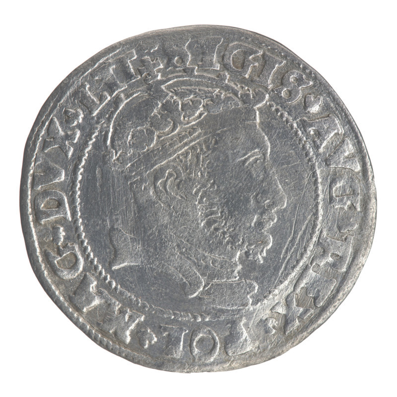 Lithuanian grosz on a Lithuanian foot, Sigismund II Augustus (King of Poland; 1544–1572), coats of arms, Jagiellonians (dynasty), royal bust, Polish coins, Sigismund II Augustus (King of Poland; 1520–1572) — iconography; Columns of Gediminas (coat of arms of Lithuania), male busts, Pogon (coat of arms; Lithuania). Obverse: Crowned male bust in armour with profile turned to the right; rim inscription divided at the top by a crown cross: .SIGIS.AVG.REX.POL.MAG.DVX.LIT. Reverse: Lithuanian Pursuit (Pogon) facing left, below the date 1546 and the Column coat of arms dividing the rim inscription: .MONETA.MAGNI - DVCAT9.LITVAN. 1546, Vilnius, Grand Duchy of Lithuania; coin; diameter ~24.4–24.7 mm; weight 2.31 g.