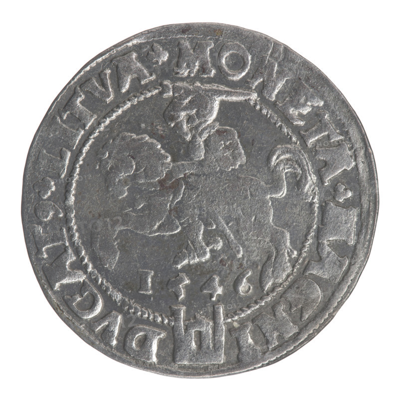 Lithuanian grosz on a Lithuanian foot, Sigismund II Augustus (King of Poland; 1544–1572). Obverse: crowned male bust in armour, profile to the right; rim inscription divided at the top by a crown cross: SIGIS.AVG.REX. O. MAG.DVC.LIT. Reverse: Lithuanian Pursuit (Pogon) facing left, below the date 1546 and the Columns of Gediminas coat of arms dividing the rim inscription: MONET. GNI. DVCAT9.LITVA. 1546. Materials/function: coin. Place/date: Vilnius, Grand Duchy of Lithuania, 1546. Diameter ~24.8–25.0 mm; weight 2.35 g. Subjects/themes: coats of arms, Jagiellonian dynasty, royal male bust, iconography of Sigismund II Augustus, Columns of Gediminas, Pogon.