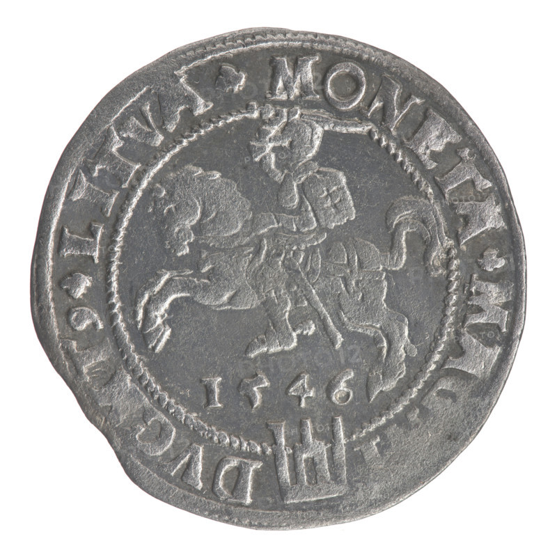 Lithuanian grosz on a Lithuanian foot, Sigismund II Augustus (King of Poland; 1544–1572), coats of arms, Jagiellonians (dynasty), royal bust, Polish coins, Sigismund II Augustus (King of Poland; 1520–1572) - iconography, Columns of Gediminas (coat of arms of Lithuania), male busts, Pogon (coat of arms; Lithuania). Obverse: Crowned male bust in armour with profile turned to the right; rim inscription divided at the top by a crown cross: .SIGIS.AVG.REX.POL.MAG.DVX. Reverse: Lithuanian Pursuit (Pogon) facing left, below the date 1546 and the Column coat of arms dividing the rim inscription: .MONETA.MA.DVCAT9.LITVA. 1546. Coin of the Grand Duchy of Lithuania; diameter 24.2–25.2 mm; weight 2.34 g.