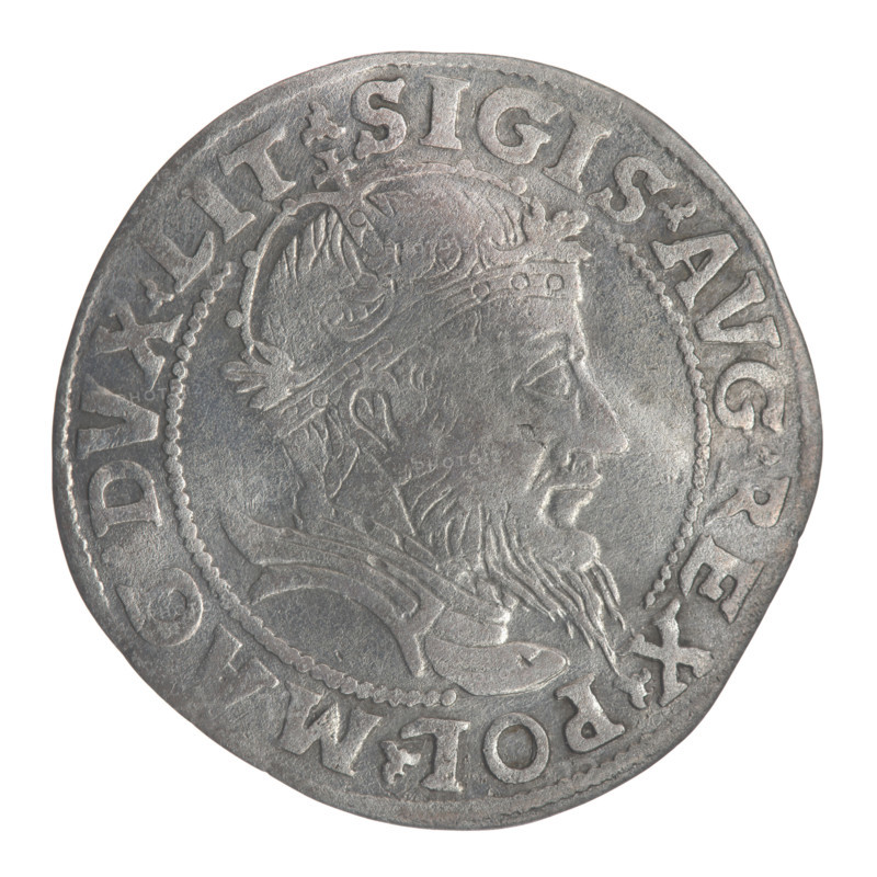 Lithuanian grosz, 1555. Obverse: crowned male bust of Sigismund II Augustus in armour, profile right; rim inscription divided at top by a crown cross: .SIGIS.AVG.REX.POL.MAG.DVX.LIT. Reverse: Lithuanian Pogon (Pursuit) facing left, below the date and the Columns of Gediminas dividing the rim inscription: .MONETA.MAGNI - DVCAT9.LITVA. Jagiellon dynasty iconography; Polish–Lithuanian coin of the Grand Duchy of Lithuania. Diameter ~23.8–24.8 mm; weight 2.32 g.