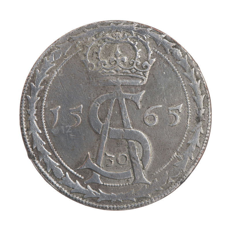 Lithuanian thaler (pólkopek) copy, Sigismund II Augustus (King of Poland; 1544–1572), Jagiellonian dynasty, royal monograms, monogram SA, copies, royal bust (iconographic), tied monograms, Polish coins, male busts. Obv.: Crowned male bust turned right. Rev.: Under the crown, a tied monogram composed of the letters SA divides the year 15 - 65, below the number of values 30. Date: 1565/19th century. Place: Grand Duchy of Lithuania, Vilnius (for the original). Coin, copy. Diameter 38.3–38.5 mm, weight 28.02 g.