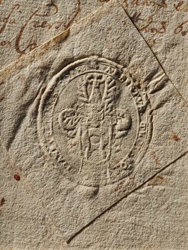 Oval dry impression of the seal of Wojciech Trojanowski, starost of the Dobrzyn Land. Nalecz coat of arms with a jewel above a crowned shield with labres. Partially illegible rim inscription: ALBERTUS TROIANO, CAPITANEUS TERRA DOBR, 1662. Poland; seal; dimensions 32.2 × 36 mm., A close-up of textured, aged paper in beige and tan tones with a pressed circular seal in the center; the seal creates raised and indented patterns and is surrounded by concentric rings. The paper shows a few folded edges and overlapping layers, with several small stains and spots in brown and reddish hues. There is visible rough fiber texture across the surface and some darker brown ink-like markings partially visible near the top edge.