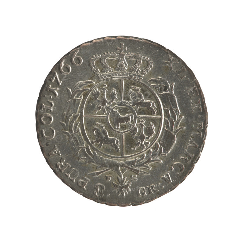 2 gold crown coins, publisher Sylm, Frederick William (fl. 1765–1767); obverse: head of Stanislaw August Poniatowski (King of Poland), inscription around the rim 'STANISLAUS AUG. D. G. REX POL. M. D. L.'; beaded border. Reverse: under a crown, in a wreath, a round five-field coat of arms with the coats of arms of Poland (Orzel), Lithuania (Pogon) and the Poniatowski family coat of arms (Ciolek), around a wreath with the Order of the White Eagle; letters 'F - S' and 'GR.' on the sides; rim inscription 'XL. EX. MARCA. - PURA. COL: 1766'; decorative edge. Date: 1766. Polish–Lithuanian Commonwealth (1569–1795), Warsaw, Poland. Medium: gold coin. Dimensions: diam. 28.0–28.6 mm; weight 8.55 g.