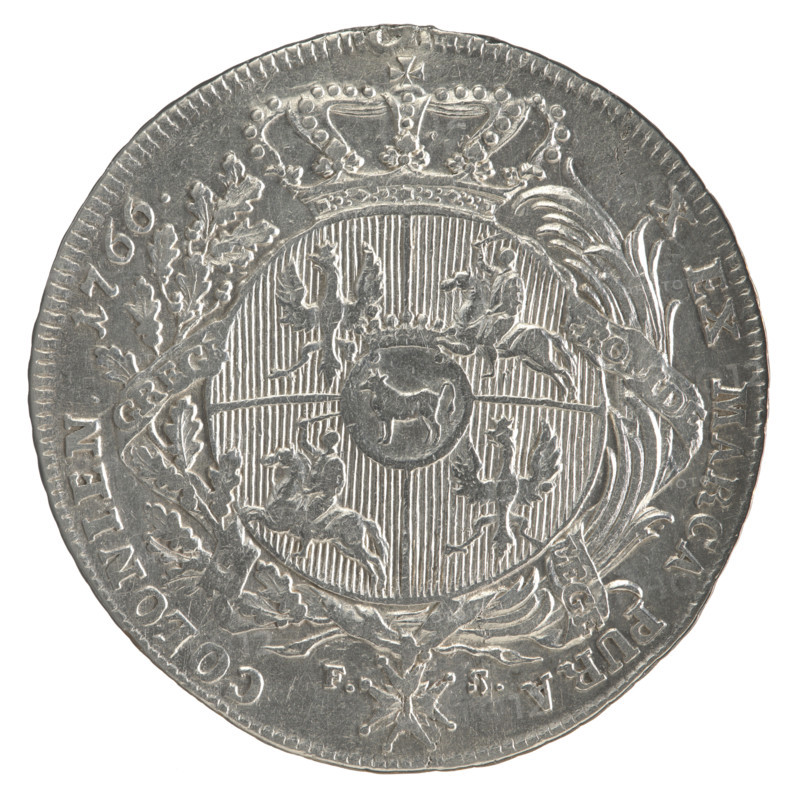 Crown thaler, Sylm, Frederick William (fl. 1765–1767), Stanislaw August Poniatowski (King of Poland; 1732–1798). 1766. Silver coin (thaler), dia. 42.5–43.4 mm, weight 27.54 g. Obverse: Bust of Stanislaw August in armour wearing the Order of the White Eagle, turned right; legend divided at the bottom: STANISLAUS AUGUSTUS D. REX POL. MDLITHU. Pearl border. Reverse: Under a crown, a round five-field coat of arms (Poland—Orzel, Lithuania—Pogon, Poniatowski family—Ciolek) within a wreath entwined with a sash bearing the motto RO, ID, - LEGE -, - GRE; Order of the White Eagle on the sash; letters F. - S. on the sides; legend divided twice: X EX MARCA PURA - COLONIEN. 1766. Pearl border; decorative edge. Style/iconography: portraits of rulers, coats of arms, multi-field coats of arms, coats of arms under a crown, orders (Order of the White Eagle). Place: Warsaw, Polish–Lithuanian Commonwealth (1569–1795).