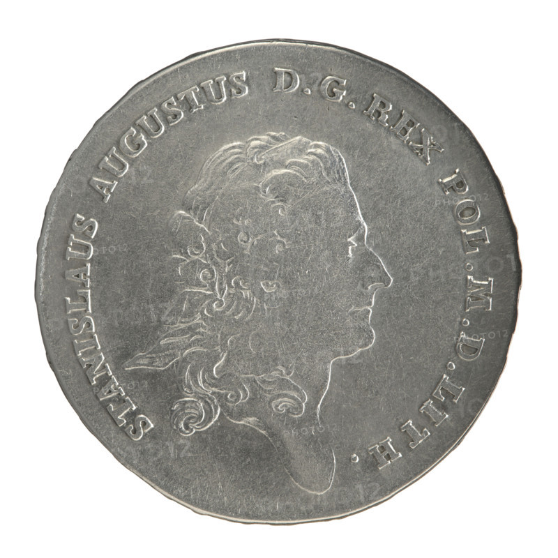 Crown thaler, Mitmaster Justyn Schröder (Warsaw Mint master 1768–1772); Stanislaw August Poniatowski (King of Poland, 1764–1795) — obverse: head of Stanislaw August turned to the right, around the inscription divided at the bottom: STANISLAUS AUGUSTUS DG REX POL. M. D. LITH. — pearl border. Reverse: under a crown, in a wreath entwined with a sash bearing the motto PRO FIDE - LEGE - ET - GREGE, a round five-field coat of arms with the coats of arms of Poland (Orzel), Lithuania (Pogon) and the Poniatowski coat of arms (Ciolek); below on the sash the Order of the White Eagle; on the sides the letters I. - S.; around a twice-divided inscription: X EX MARCA PURA - COLONIEN. 1768. — pearl border. Inscription on the edge: FIDEI - PUBLICAE - PIGNUS. 1768. Polish–Lithuanian Commonwealth (1569–1795), Warsaw, Poland. Coin; diameter 40.3–40.5 mm; weight 27.82 g.
