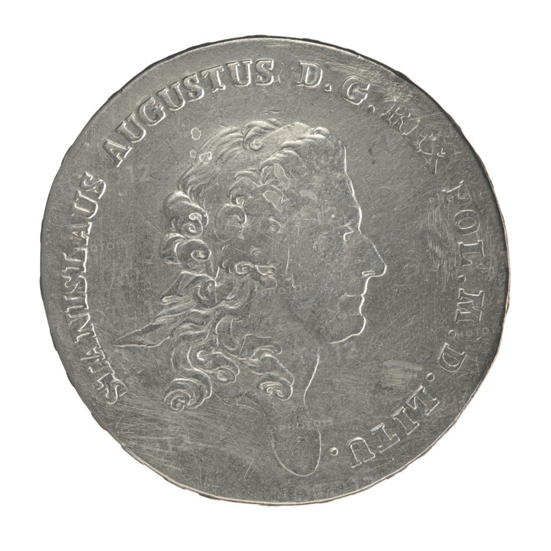 Crown thaler, Partenstein, Antoni (fl. 1772–1774), Stanislaw August Poniatowski (King of Poland; 1732–1798), Polish coin, Crown coin. Obverse: Head of Stanislaw August turned right, around the inscription divided at the bottom: STANISLAUS AUGUSTUS DG REX POL. M. D. LITU. Reverse: Under a crown, in a wreath entwined with a sash with the motto PRO FIDE - LEGE - ET - GREGE, a round five-field coat of arms with the coats of arms of Poland (Eagle), Lithuania (Pogon) and the Poniatowski coat of arms (Ciolek); below on the sash the Order of the White Eagle; on the sides the letters A. - P.; around the inscription divided twice: X EX MARCA PURA - COLONIEN. 1772. Edge inscription: FIDEI - PUBLICA - PIGNUS. Date: 1772. Place: Warsaw, Poland, Polish–Lithuanian Commonwealth (1569–1795). Coin: diameter 39.3–40.0 mm, weight 27.77 g.