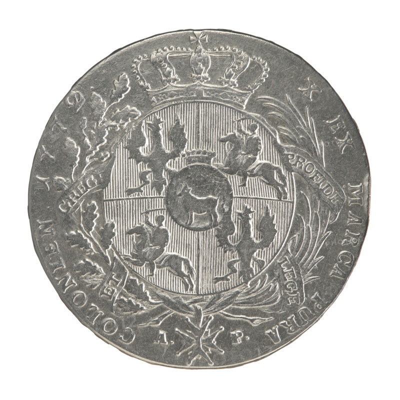 Crown thaler, Partenstein, Antoni (fl. 1772-1774), Stanislaw August Poniatowski (King of Poland; 1732–1798), Polish coin; obverse: head of Stanislaw August turned right, around inscription divided at bottom: STANISLAUS AUGUSTUS D G REX POL M D LITU; reverse: under a crown, in a wreath entwined with a sash with the motto PRO FIDE - LEGE - ET - GREGE, a round five-field coat of arms with the coats of arms of Poland (Eagle), Lithuania (Pogon) and the Poniatowski coat of arms (Ciolek), below on the sash the Order of the White Eagle, on the sides the letters A. - P., around inscription divided twice: X EX MARCA PURA - COLONIEN. 1772; edge inscription: FIDEI - PUBLICA - PIGNUS, 1772. Polish–Lithuanian Commonwealth (1569–1795). Warsaw, Poland. Coin: dia. 39.3–40.0 mm; weight 27.77 g.
