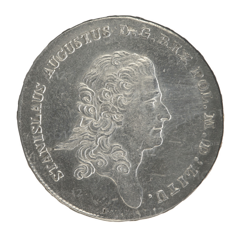 Crown thaler, Partenstein, Antoni (fl. 1772–1774); Stanislaw August Poniatowski (King of Poland; 1732–1798). Obverse: Head of Stanislaw August turned right, around the inscription divided at the bottom: STANISLAUS AUGUSTUS .G.REX POL.MDLITU. — pearl border. Reverse: Under a crown, in a wreath entwined with a sash with the motto PRO FIDE - LEGE - ET - GREGE, a round five-field coat of arms with the coats of arms of Poland (Orzel), Lithuania (Pogon) and the Poniatowski coat of arms (Ciolek); below on the sash the Order of the White Eagle; on the sides the letters A. - P.; around the inscription divided twice: X EX MARCA PURA - COLONIEN. 1774. — pearl border. Inscription on the edge: FIDEI - PUBLICAE - PIGNU. Date: 1774. Place: Warsaw, Polish–Lithuanian Commonwealth (1569–1795). Medium: silver coin. Diameter: ~39.8–40.0 mm. Weight: 28.12 g.