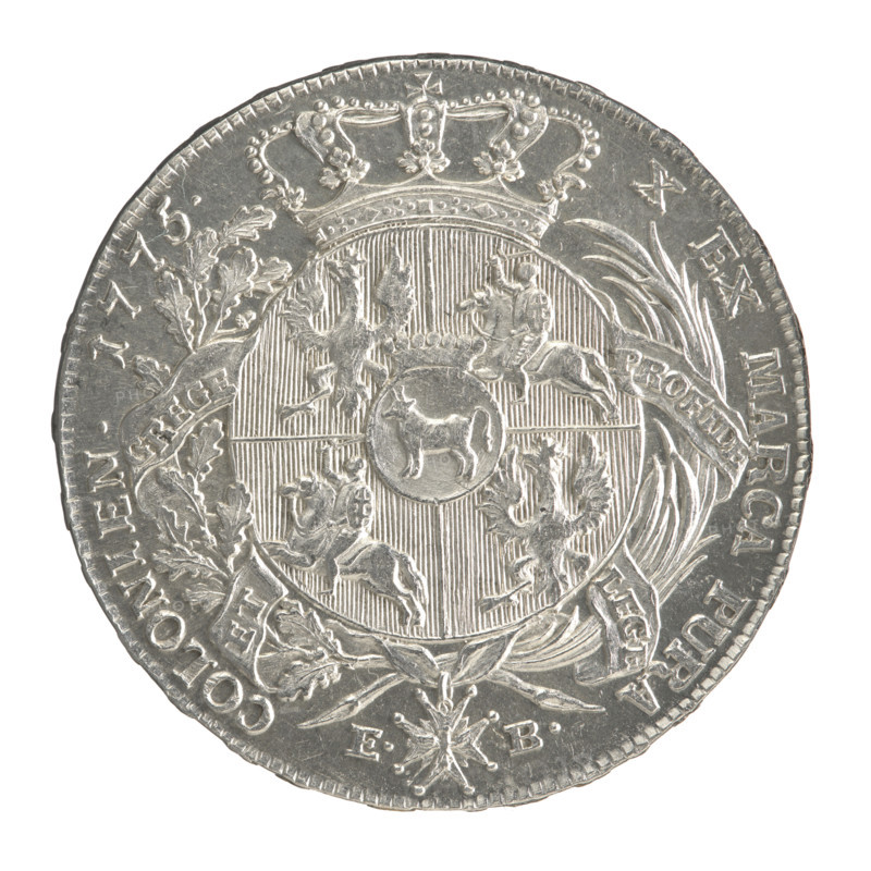 Crown thaler by Efraim Brenn (fl. 1774–1792), 1775. Obverse: Head of Stanislaw August Poniatowski turned right, around the inscription divided at the bottom: STANISLAUS AUGUSTUS DGREX POL.MDLITH. — pearl border. Reverse: Under a crown, in a wreath entwined with a sash bearing the motto PRO FIDE - LEGE - ET - GREGE, a round five-field coat of arms with the coats of arms of Poland (Orzel), Lithuania (Pogon) and the Poniatowski coat of arms (Ciolek); below on the sash the Order of the White Eagle; on the sides the letters E. - B.; around the inscription divided twice: X EX MARCA PURA - COLONIEN. 1775. — pearl border. Inscription on the edge: FIDEI - PUBLICAE - PIGNUS. Polish–Lithuanian Commonwealth (1569–1795), Warsaw, Poland. Coin; diameters 40.1 mm and 40.3 mm; weight 28.04 g.