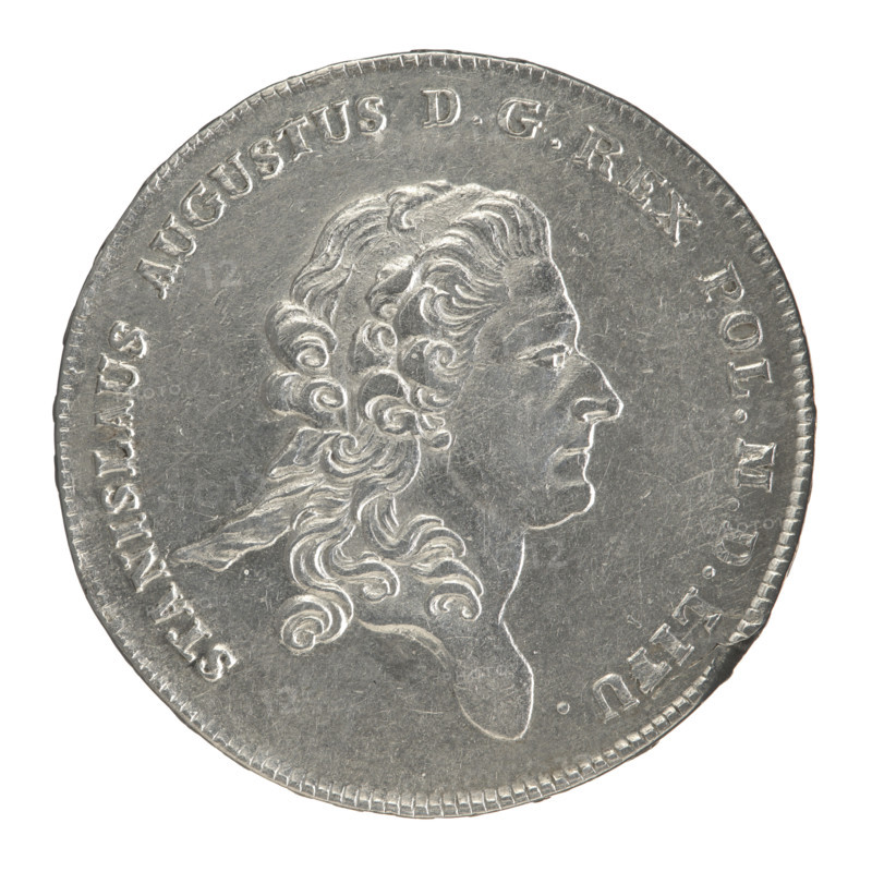Crown thaler, Brenn, Efraim (fl. 1774-1792); Stanislaw August Poniatowski (King of Poland; 1732–1798). Obverse: Head of Stanislaw August turned to the right, around the inscription divided at the bottom: STANISLAUS AUGUSTUS DGREX POL.M., .LI, U. — pearl border. Reverse: Under a crown, in a wreath entwined with a sash with the motto PRO FIDE - LEG, - ET - GREGE, a round five-field coat of arms with the coats of arms of Poland (Orzel), Lithuania (Pogon) and the Poniatowski coat of arms (Ciolek); on the sash the Order of the White Eagle; on the sides the letters E. - B.; around the inscription divided twice: X EX MARCA PURA - COLONIEN. 1776. — pearl border. Inscription on the edge: FID, -, BLIC, - PIGNUS. Date: 1776. Place: Warsaw, Polish–Lithuanian Commonwealth (1569–1795). Material/format: coin (crown thaler). Diameter: 40.4–40.8 mm. Weight: 28.06 g.