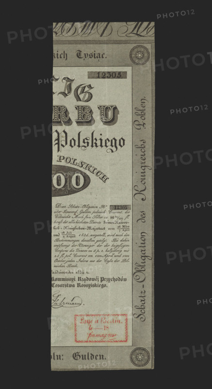 Kingdom of Poland Treasury Bond, bonds, Kingdom of Poland Treasury, securities, Kingdom of Poland Treasury Bond No. 12305 for 1,000 zloty, issued by virtue of the resolutions of His Imperial and Royal Majesty of March 26 / April 7 and July 28 / August 9, 1834, without coupons for collecting interest. Bond fragment in German. 1834. Kingdom of Poland (1815–1863), Warsaw. Security bond. Dimensions: 1.72 mm; 2.244 mm.