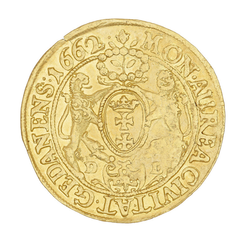 Gdansk ducat, John II Casimir Vasa (King of Poland; 1648–1668), maker: Daniel Lesse (1656–1685). Obverse: crowned bust of the king, right profile, wearing the Order of the Golden Fleece; legend within a rope rim: IOH.CAS.DGR POL.& SUEC.MDLRP. Reverse: coat of arms held by two lions, wreath with a flower above, cartouche dividing letters DL below; corded rim legend: MON:AUREA CIVITAT.GEDANENS.1662. Date: 1662. Medium: coin. Weight: 3.44 g. Location: Gdansk, Poland.