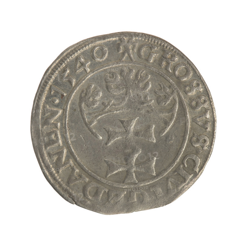 Gdansk grosz, Sigismund I the Old (King of Poland; 1506–1548). Polish coin, Jagiellon dynasty. Obverse: Crowned male bust in profile turned to the right; in the rim between pearl-shaped borders an inscription: .SIG, .I.REX, O.DO.TO.PRVS. Reverse: Coat of arms of Gdansk; in the rim between pearl-shaped borders an inscription: .GROSSVS.CIV, EDANEN.1540. Dated 1540. Poland, Gdansk.