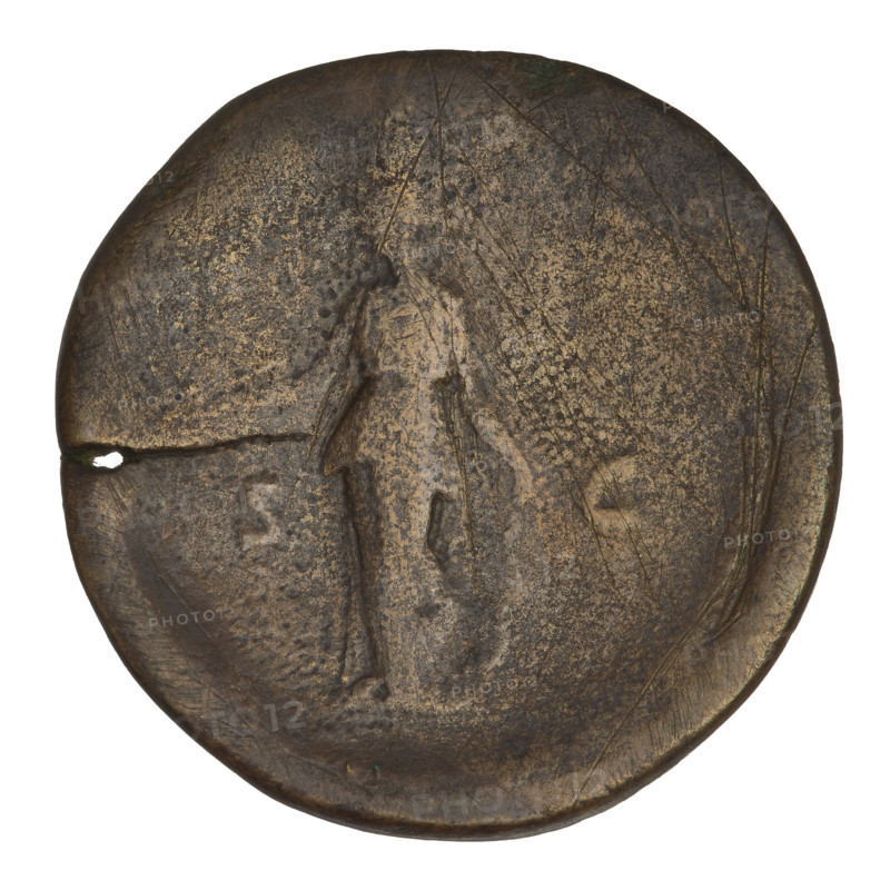 sestertius, Hadrian (76–138; Roman emperor 117–138); Obv.: Bust of Hadrian with a laurel wreath facing right; rim inscription: HADRIANVS AVGC OS III PP; Rev.: Diana standing left, dressed in a long robe, holding an arrow in her right hand, left hand resting on a bow; letters SC on both sides of the figure; 119–138 CE, Rome, Roman Empire (27 BC–476); coin; weight 20.20 g