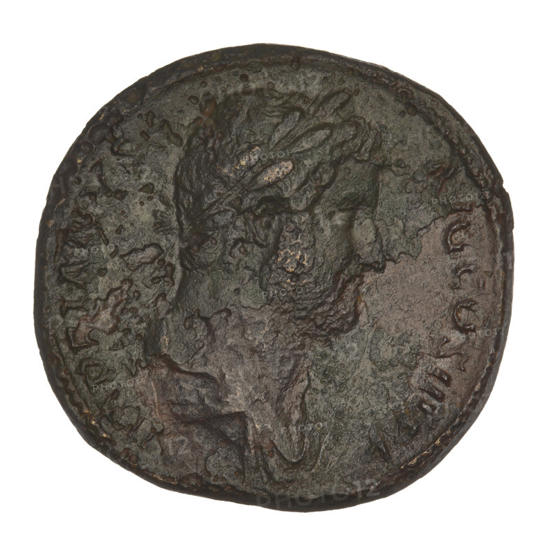 sestertius, Hadrian (76–138; Roman emperor 117–138); Fortuna (personification); busts; laurel wreaths; cornucopias. Obverse: Bust of Hadrian with a laurel wreath facing right; rim inscription: AVG COS III PP. Reverse: Hadrian standing right, wearing a long robe, holding a scroll in his left hand, clasping his right hand with Fortuna standing opposite him; Fortuna standing left, wearing a long robe, holding a cornucopia in her left hand and resting on it a ship's rudder attached to a globe; rim inscription: FORTVNAE RED; in the field: SC. Date: 119–138. Rome, Roman Empire (27 BC–476). Coin; weight 24.65 g.
