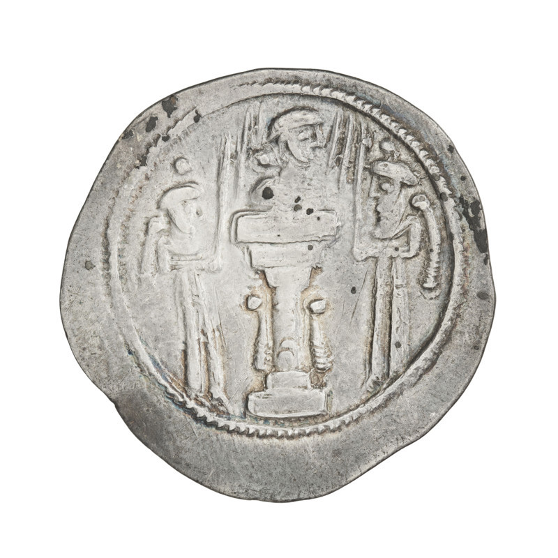 Drachma of Shapur III (ruler of Persia; 383–388). Obverse: Bust of Sapor III facing right; wearing a crown with rosettes and a globe symbolizing the universe; short curly beard, curly hair tied in a round lock, ribbons flowing behind the crown; Pahlavi inscription. Reverse: Burning altar with the bust of the ruler facing right; on both sides of the altar the king and a priest face each other, both holding swords; pearl border; Pahlavi inscription. Persia, 383–388. Coin, weight 4.20 g.